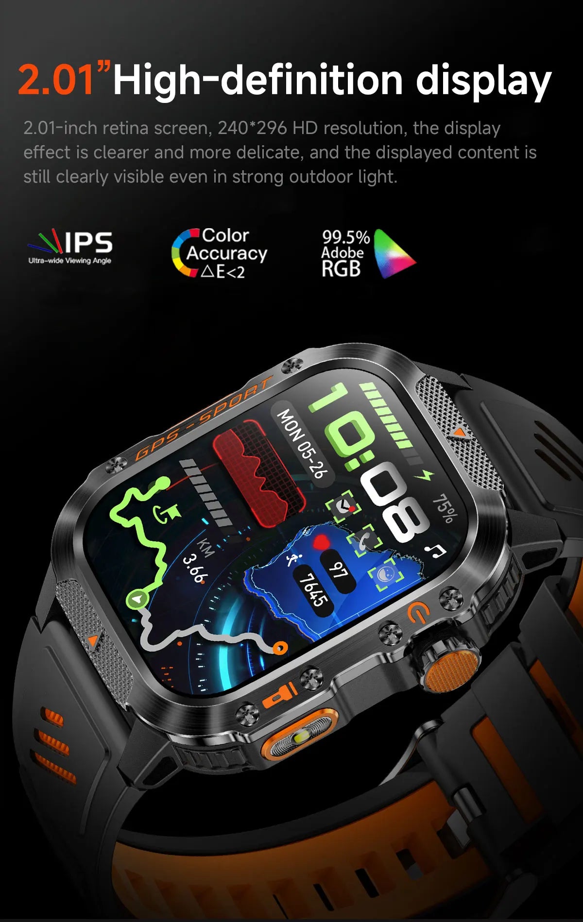 Military GPS Smartwatch With Compass 3ATM Waterproof For Men Women
