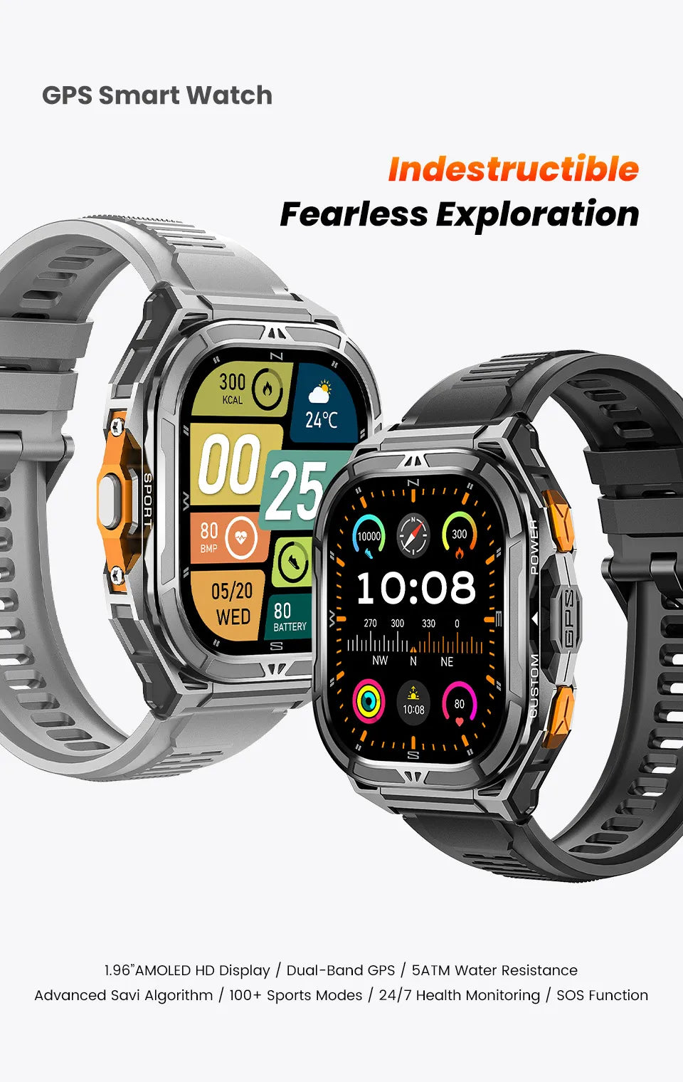 Luxury AMOLED Real GPS Smartwatch 5ATM Waterproof For Android