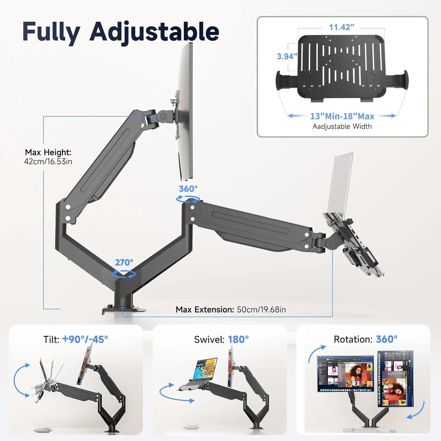 2-in-1 Dual Monitor & Laptop Desk Mount, Fits 13-18in Laptop & 17-32in Monitor, Holds 22lbs, Adjustable Arm with Ventilated Tray