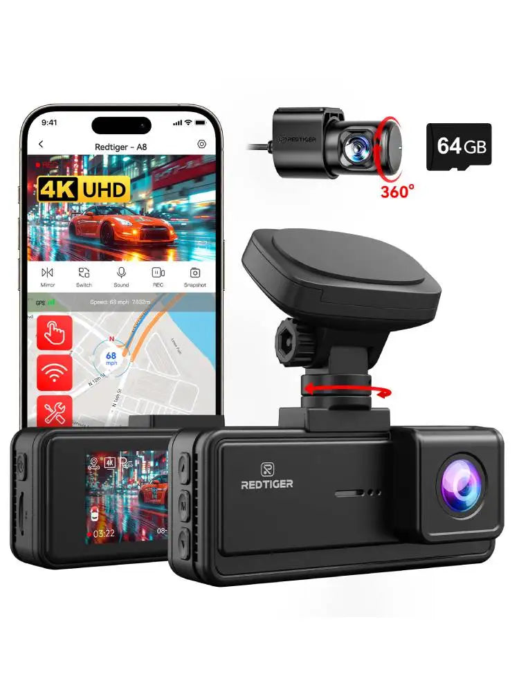 REDTIGER A8 4K Dual Dash Cam Front And Rear  Car Cam 3.18" IPS Touch Screen Built-in 5.8Ghz WiFi GPS Car DVR Night Vision