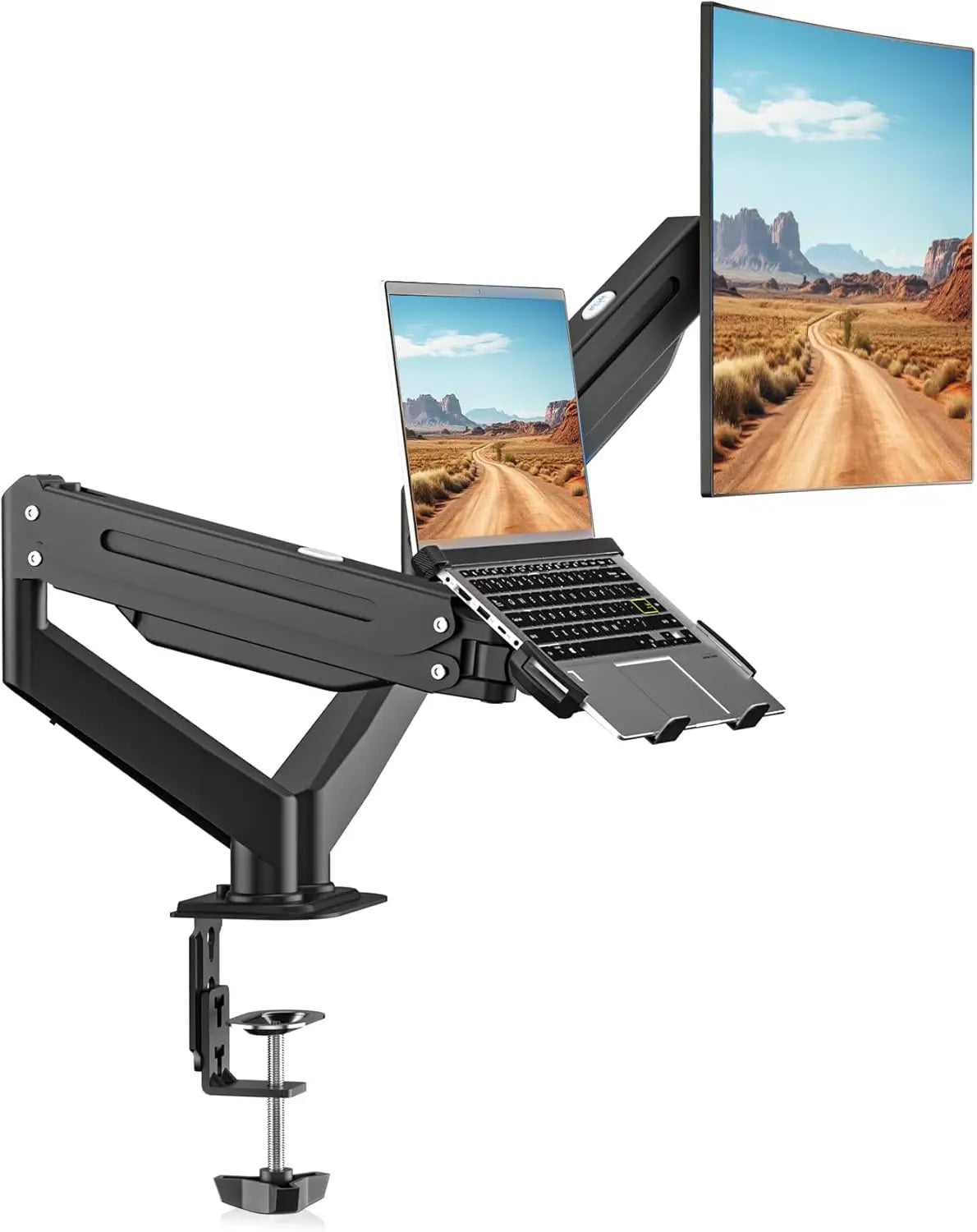2-in-1 Dual Monitor & Laptop Desk Mount, Fits 13-18in Laptop & 17-32in Monitor, Holds 22lbs, Adjustable Arm with Ventilated Tray