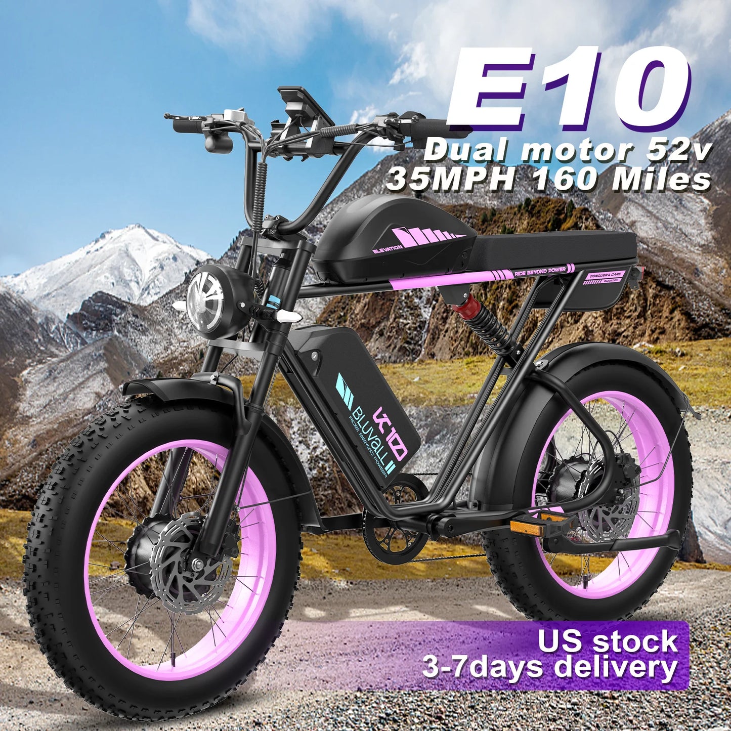 Dual-Motor Electric Bicycle for Adults 52V 46AH 20-Inch Fat Tire 3000W Peak 38MPH 160Miles 7-Speed Commuter Road Electric Bike