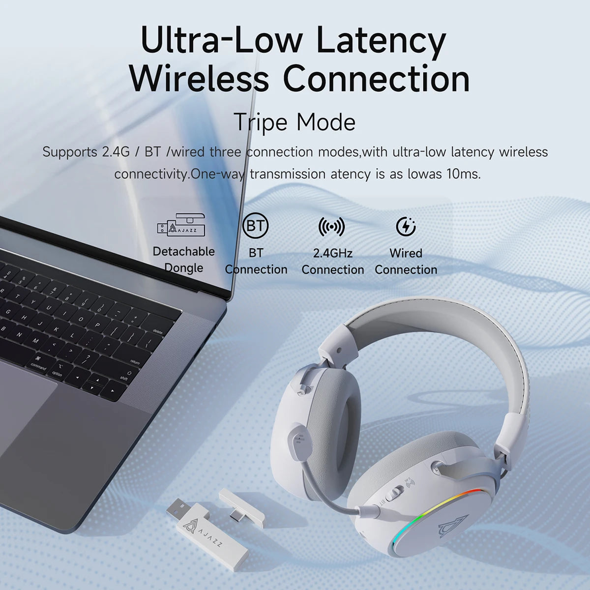 AJAZZ AHM10 MAX 2000mAh battery Wireless Bluetooth Gaming Headset Features a microphone, multiple RGB dynamic lighting effects, AI noise cancellation, virtual 7.1 surround sound, and driver support.