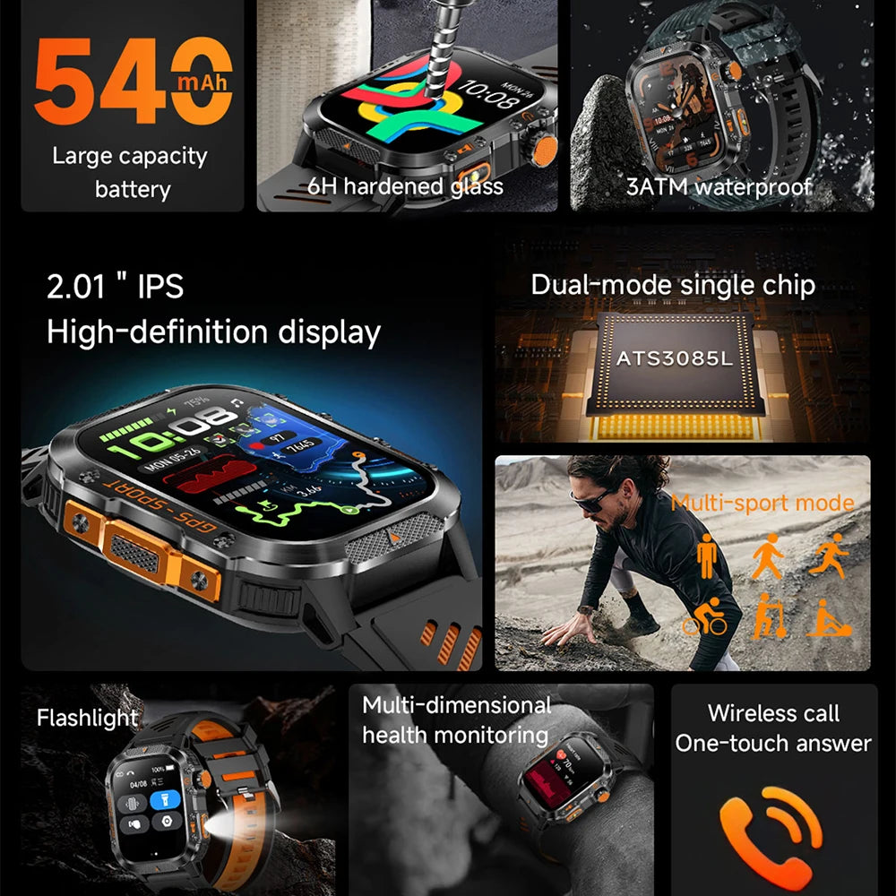 Military GPS Smartwatch With Compass 3ATM Waterproof For Men Women
