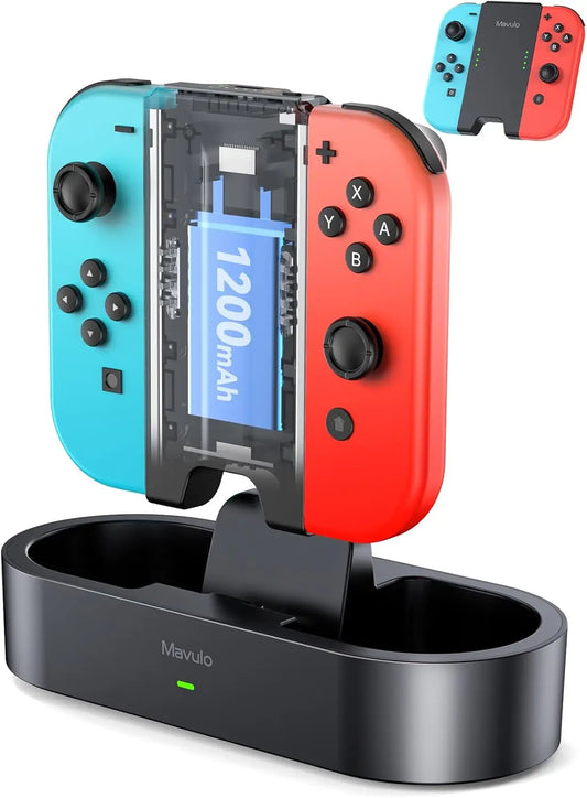 Charger Grip for Joy Con with 1200mAh Battery – Steel Slide Rails, Cable-Free Charging Dock for Nintendo Switch Controllers