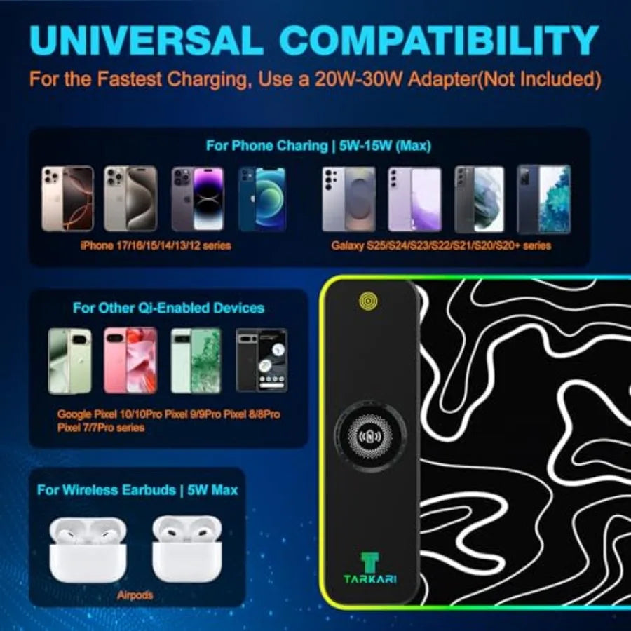 Magnetic Wireless Charging RGB Mouse Pad, Large Gaming Desk Mat Waterproof, 31.5"x11.8" Mousepad, Ultra-Smooth Surface, Non-Sli