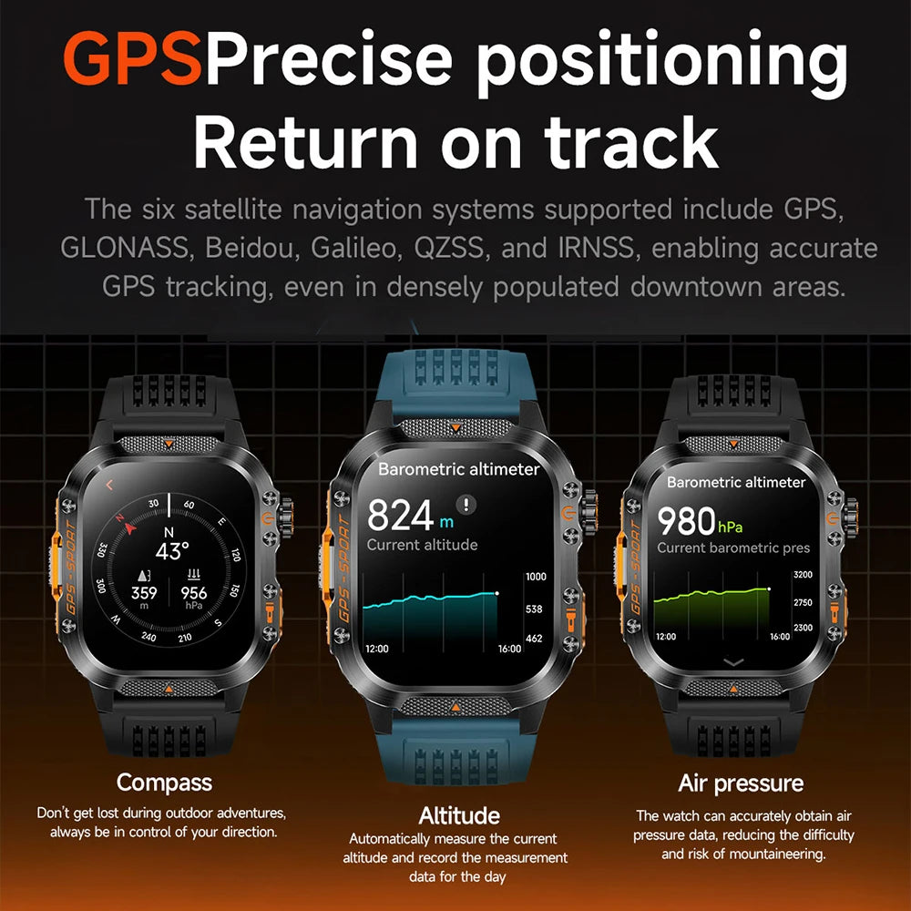 Military GPS Smartwatch With Compass 3ATM Waterproof For Men Women
