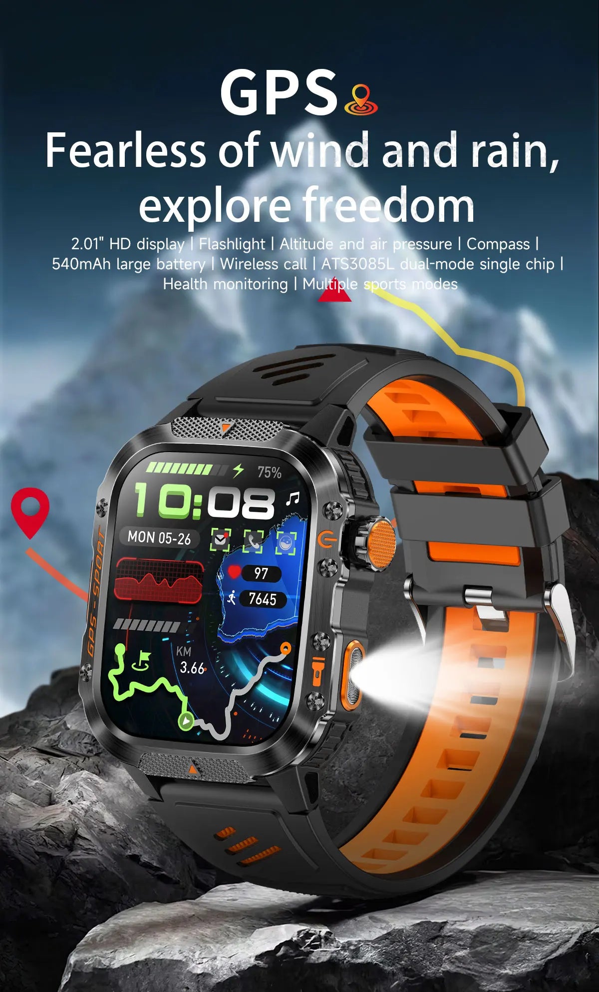 Military GPS Smartwatch With Compass 3ATM Waterproof For Men Women