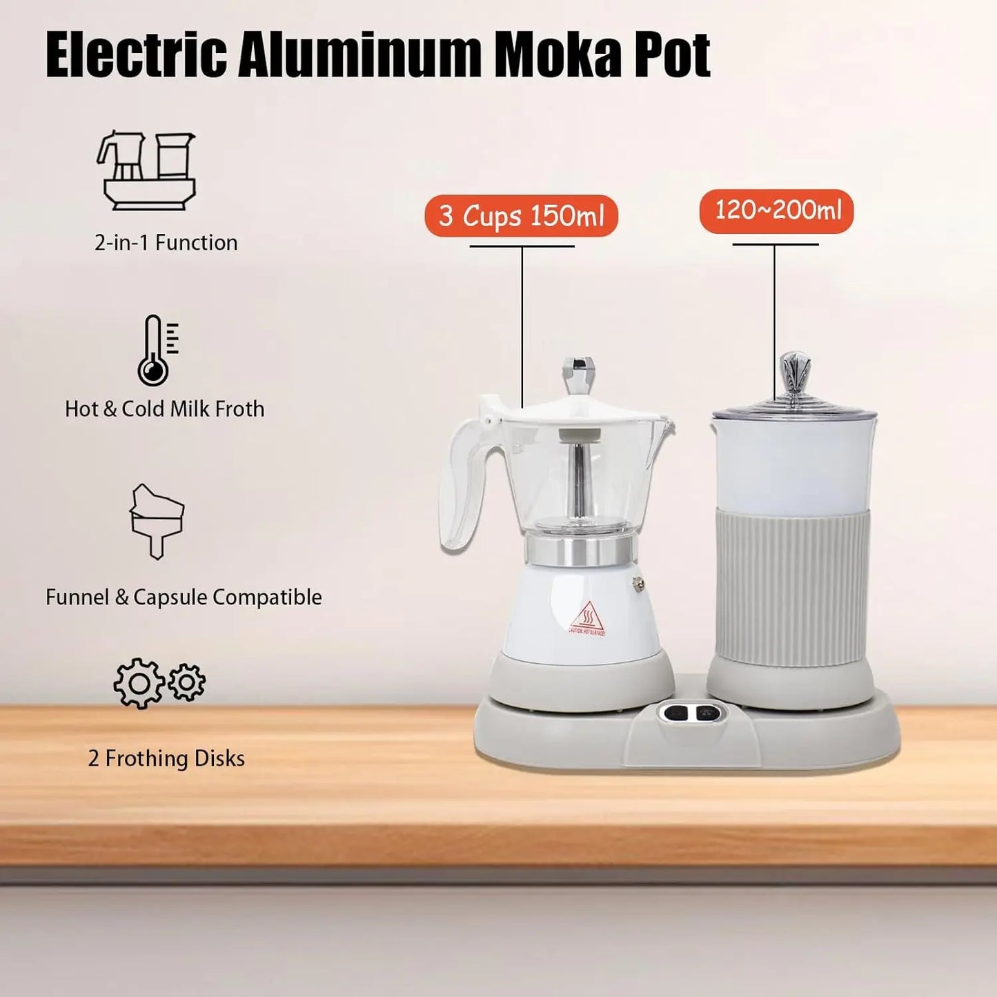 2-in-1 Espresso Maker & Milk Frother, Electric Moka Pot, One-Touch Operation, Fine Dense Froth, 110V