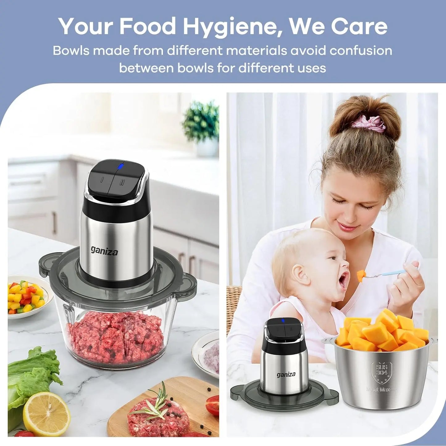 2-Speed Food Chopper, 8 Cup Stainless Steel & Glass Bowls, Overheat Protection, 2 Blades
