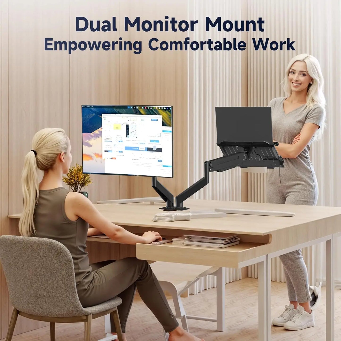 2-in-1 Dual Monitor & Laptop Desk Mount, Fits 13-18in Laptop & 17-32in Monitor, Holds 22lbs, Adjustable Arm with Ventilated Tray