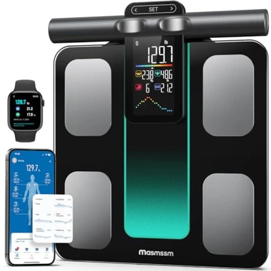 Smart Scale for Body Weight and Fat: 8-Electrode Full-Body Composition Scale with Handle, Dual-Frequency BIA, 28 Metrics, High