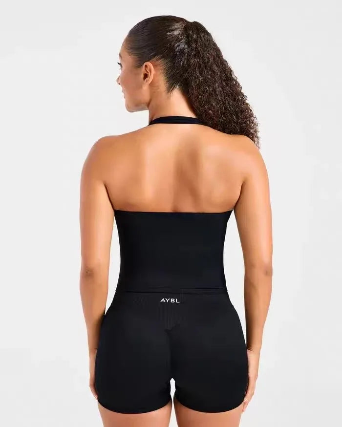 Women Seamless Halter Neck Yoga Set With High Waist Shorts