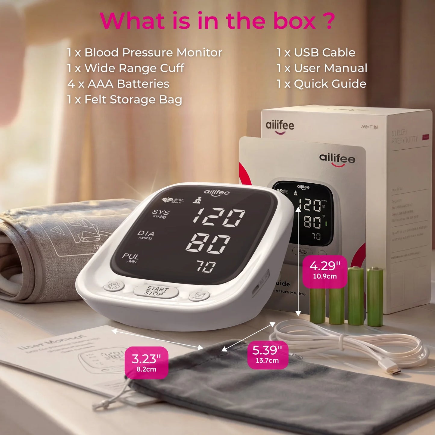 AILIFEE Upper Arm Blood Pressure Monitors for Home Use with Clear LED Backlit Display, Adjustable BP Cuff, Dual-User Mode & Voice Announcement, AES-U181