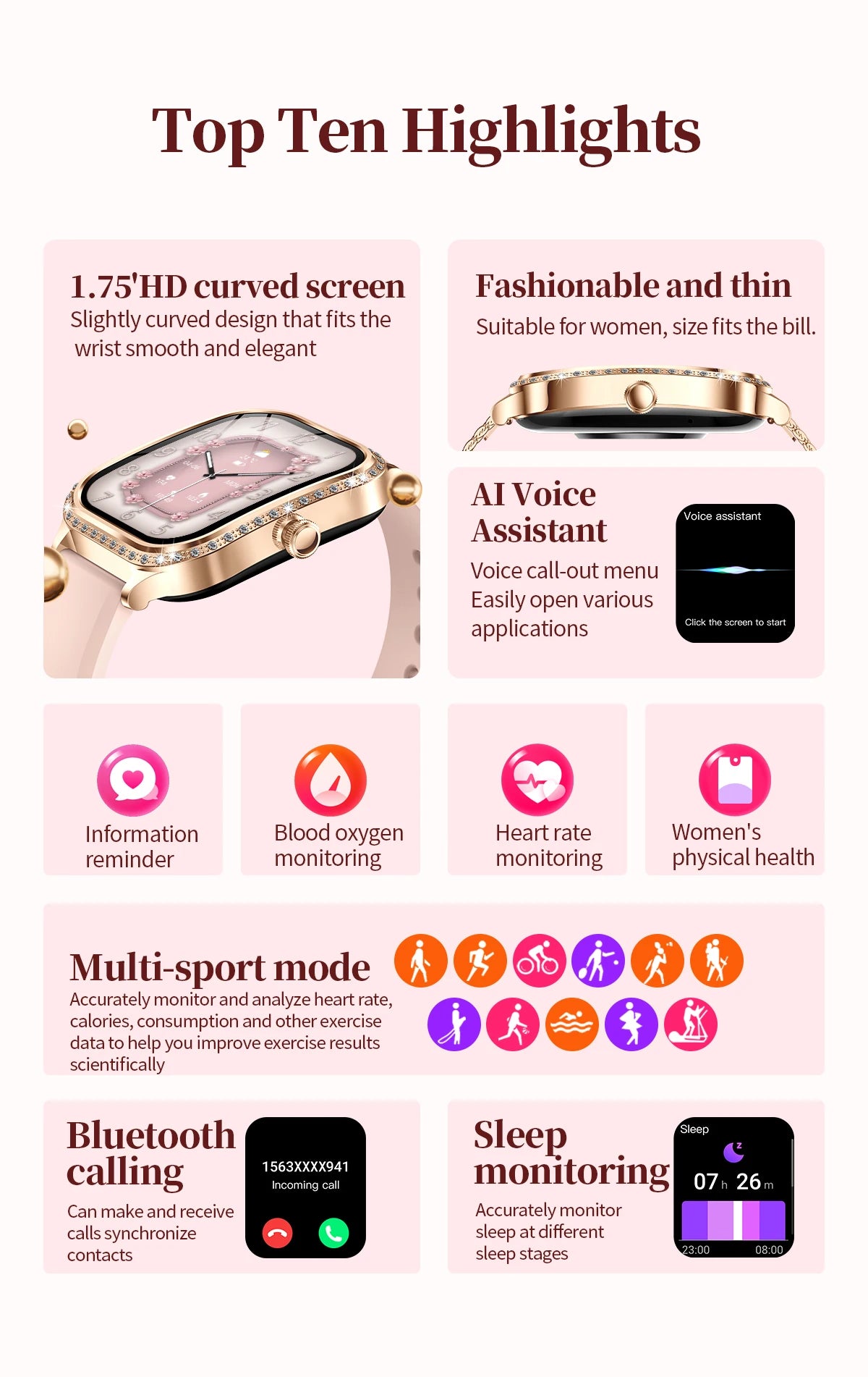 Women's Bluetooth Call Smartwatch With Curved Screen Waterproof